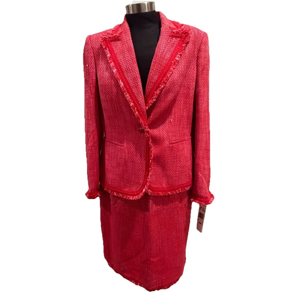 Kasper Tweed Pink 2pc Skirt Suit Frayed Trim Single Breasted Blazer Petite 10P